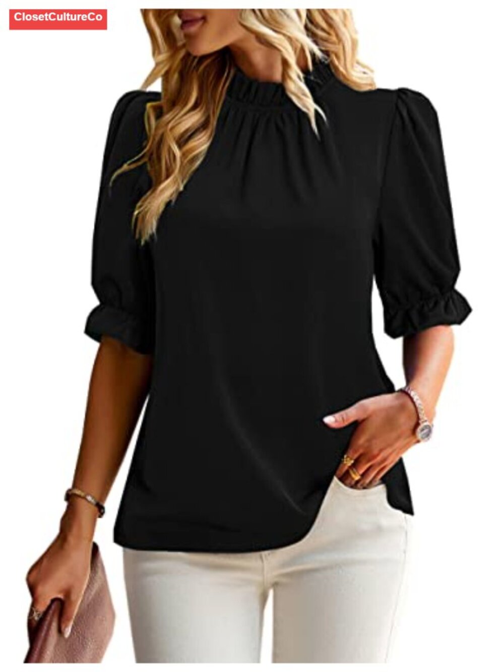 ZILIN Women's Boho Floral Ruffle Mock Neck Puff Short Sleeve Blouse
